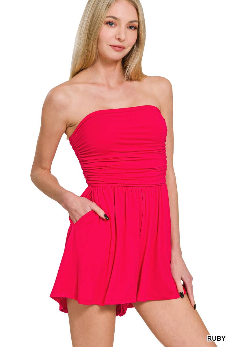 0429 Double Layered Strapless Tube Top Romper w/ Pockets SI-27473: BLACK-178871 / S