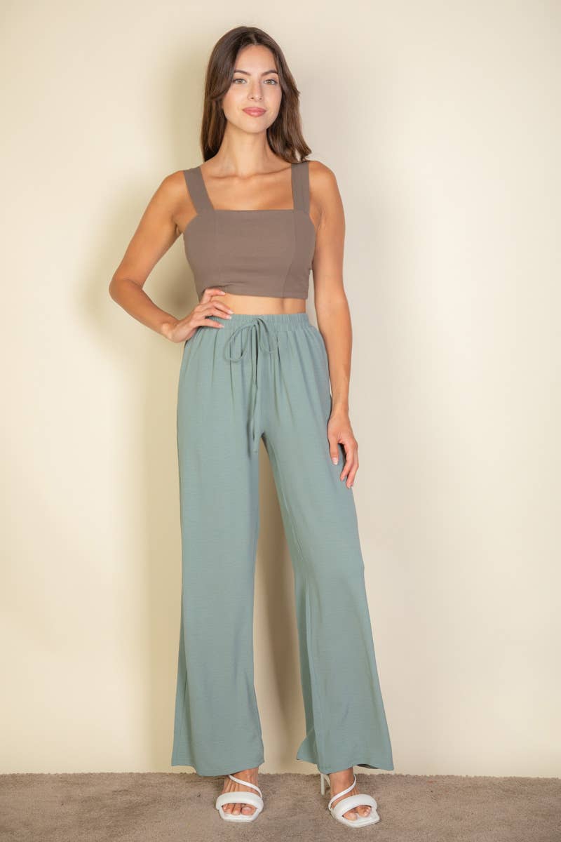 Drawstring waist wide leg minimalist pants: Black / M