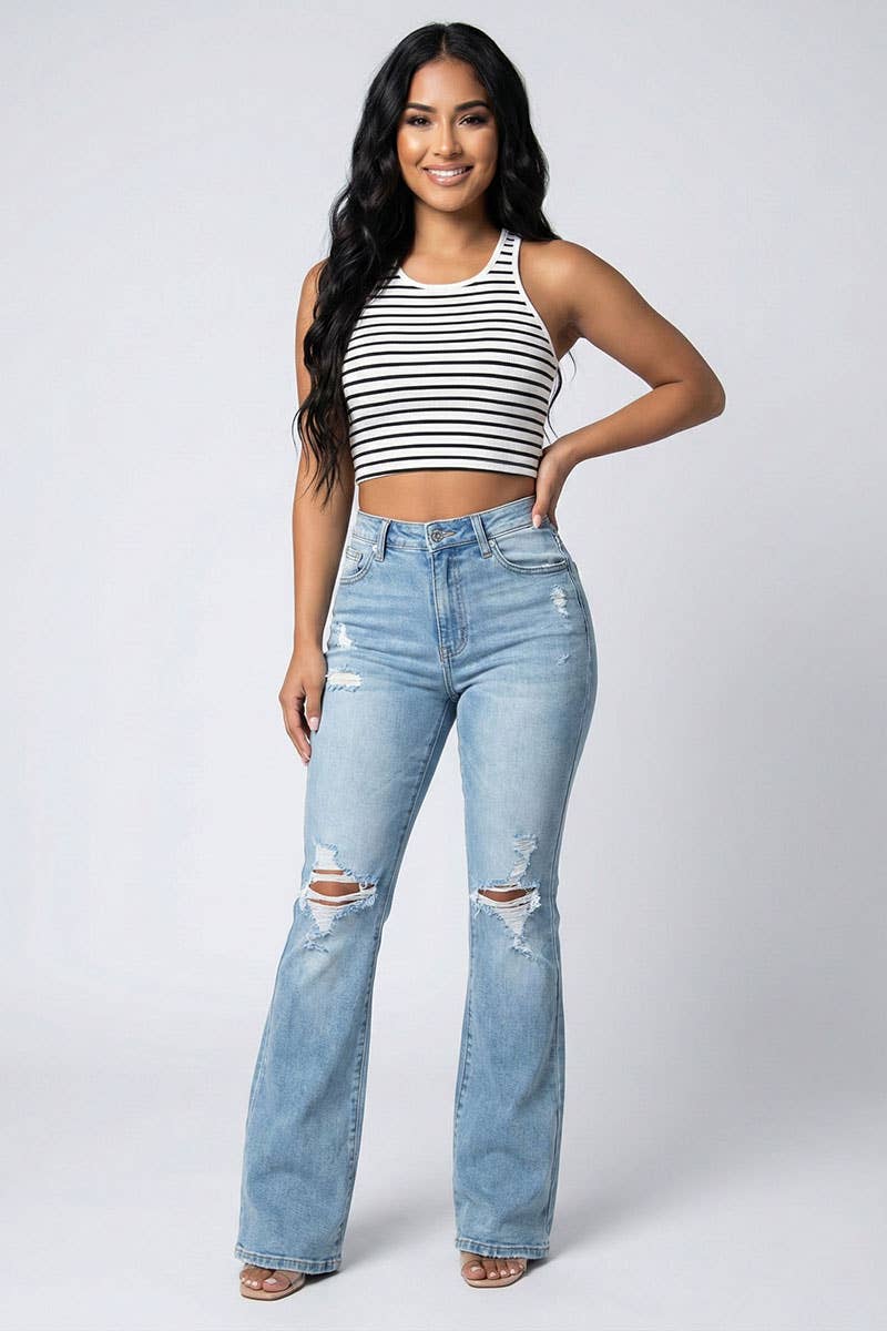 Ribbed Striped Racerback Crop Tank Top: White/Black / L
