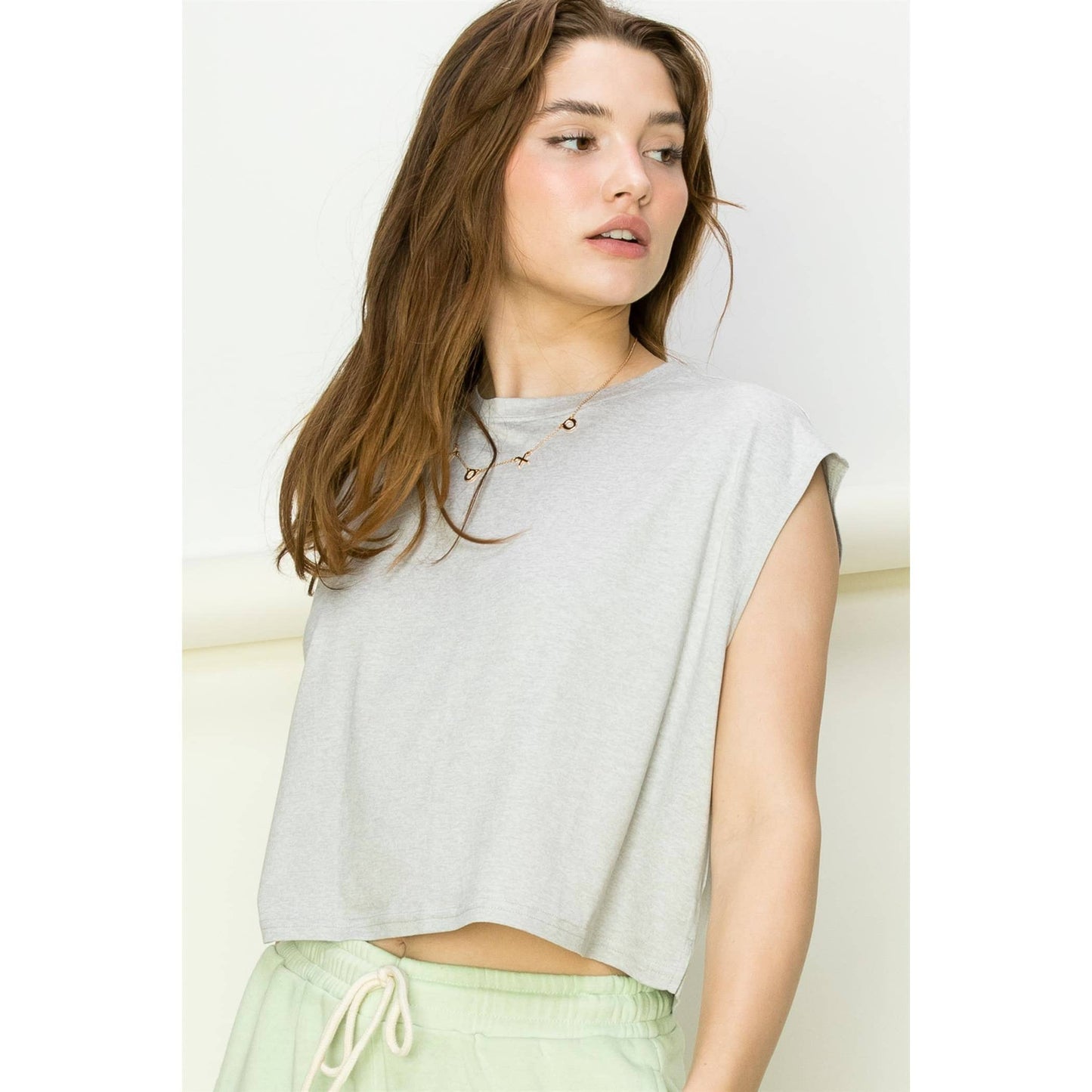 Crew Neck Cropped Top: KHAKI / S-M-L(2-2-2)