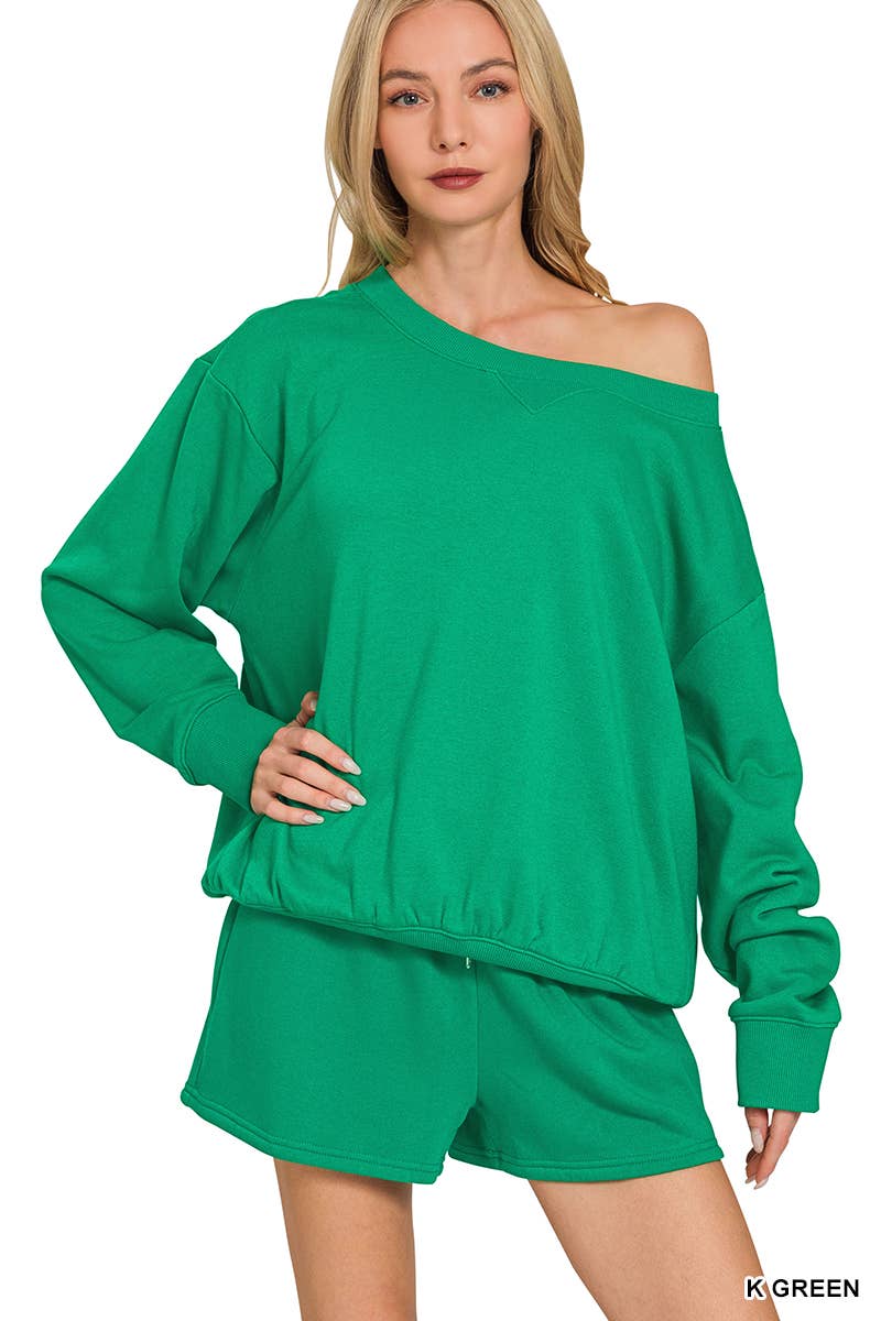 Fleece Sweatshirts & Drawstring Shorts 2pc Set Zenana: ASH MOCHA-186261 / S