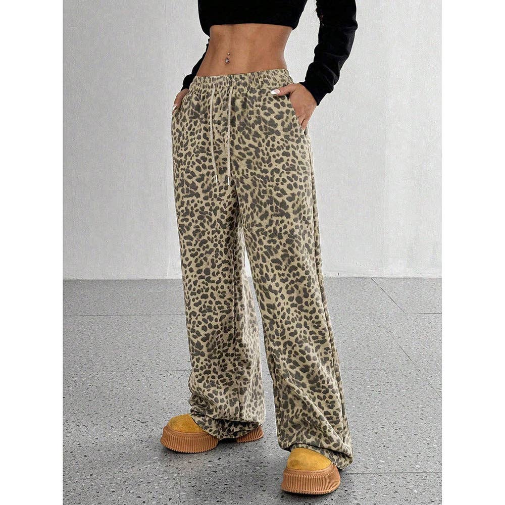 Leopard Print Wide Leg Pants High Waist Pocket Casual: Dark Leopard / 100% polyester / M