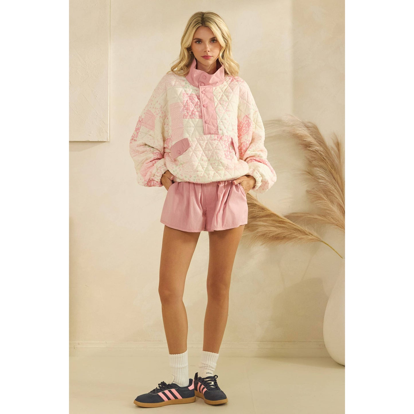 Textured Contrast printed Quarterzip Sweater: Pink Combo / M