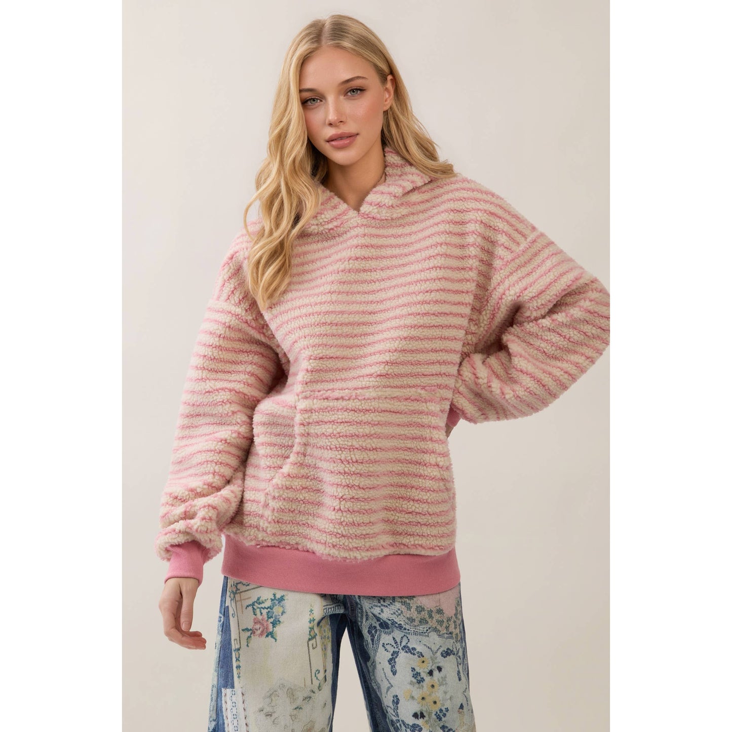 Teddy Striped Contrast Cozy Hoodie: Brown / S