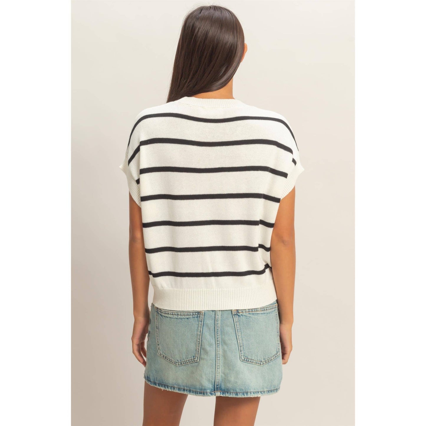 Striped Crew Neck Knit Top: BLACK / S-M-L(2-2-2)