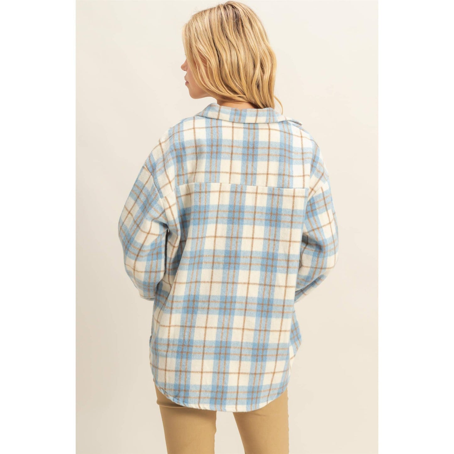 Collared Plaid Shacket: BLUE / S-M-L(2-2-2)