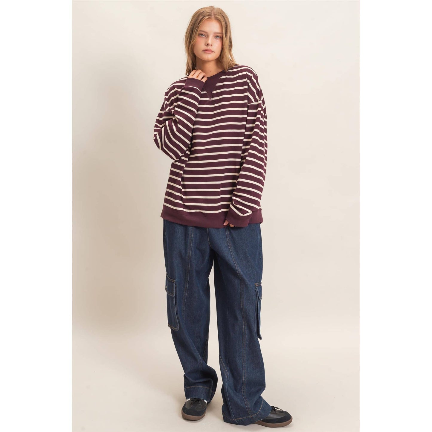Striped Long Sleeve Pullover: BLACK/CREAM / S-M-L(2-2-2)