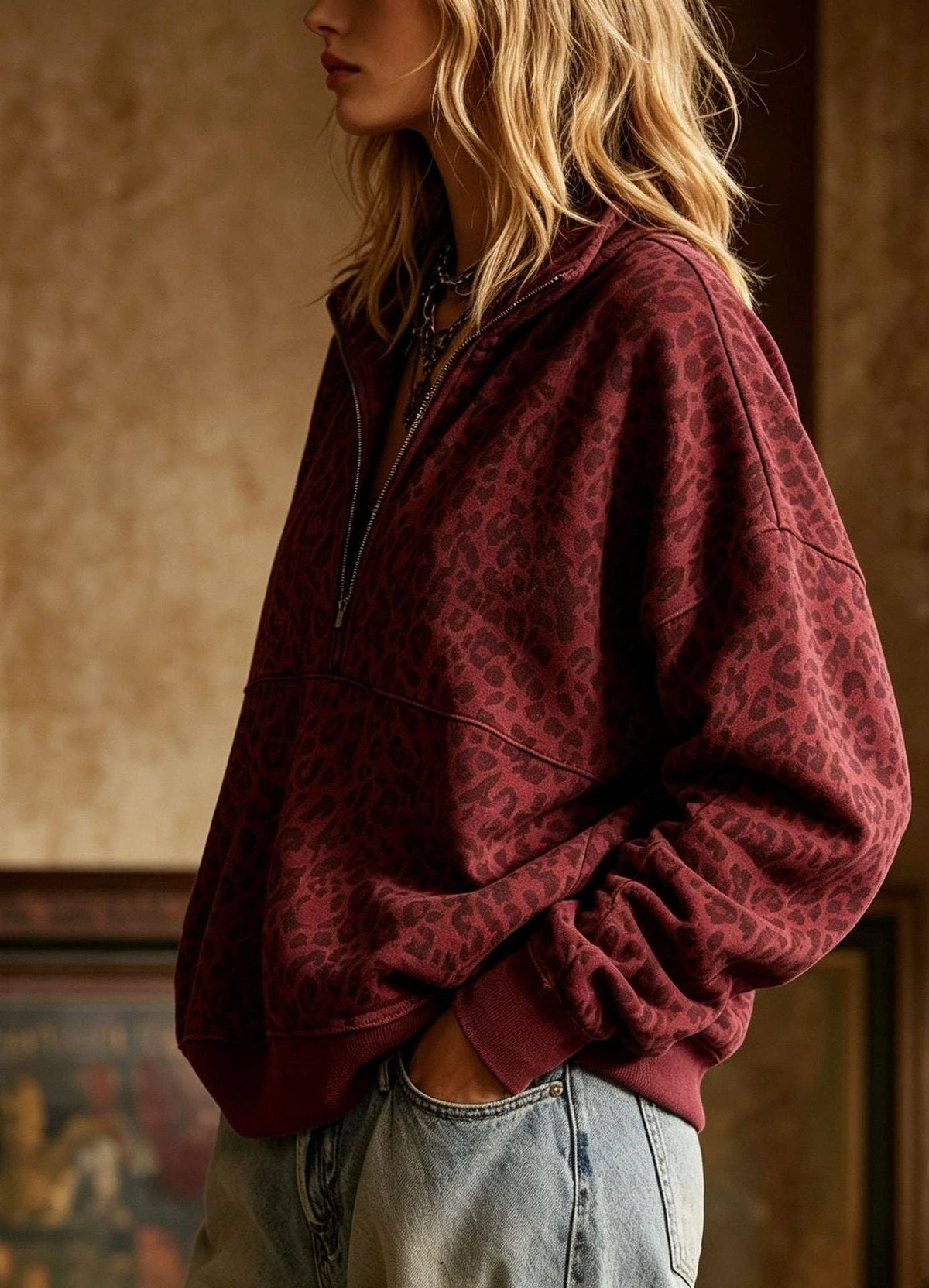 Leopard Print Half Zip Oversized Pullover Sweatshirt: Coffee / 95%Polyester+5%Elastane / M