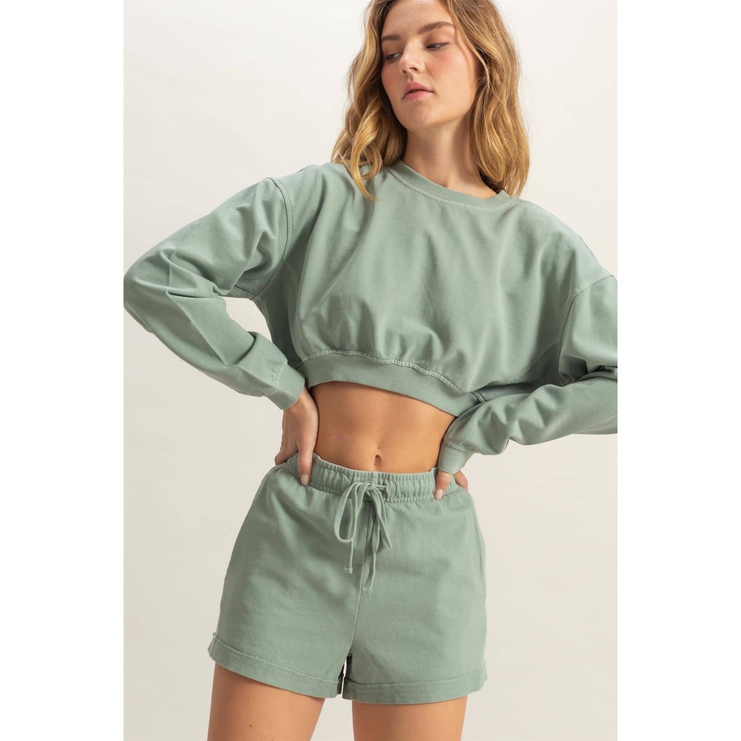 Crew Neck Long Sleeve Crop Sweatshirt: WISTERIA / S-M-L(2-2-2)
