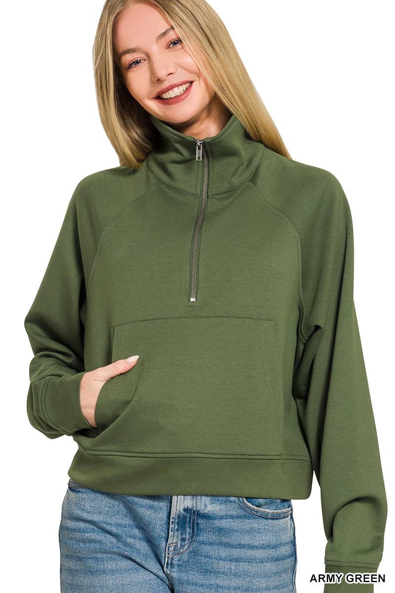 Scuba Half Zip Pullover With Kangaroo Pocket Zenana: H GREY-190578 / L