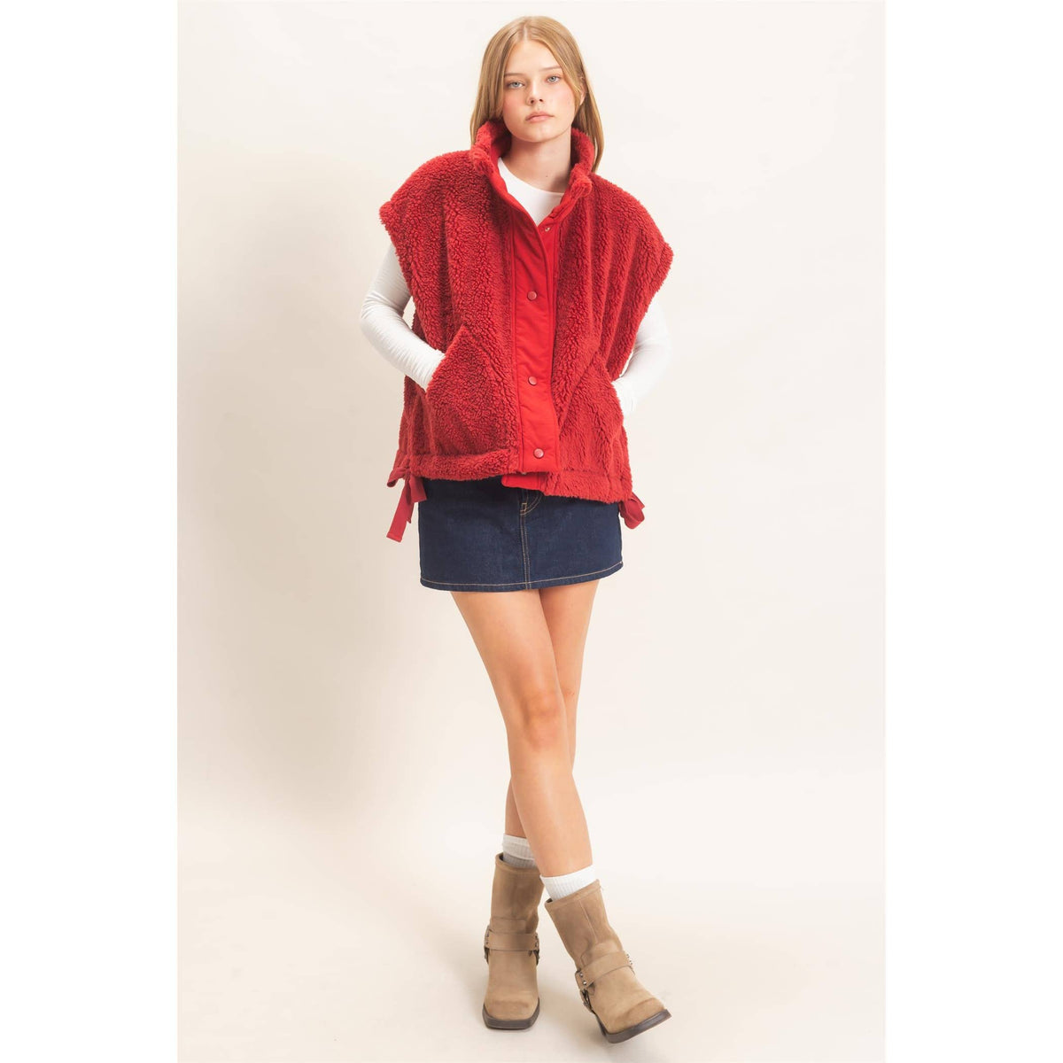 Sherpa Vest With Snap Closure: OLIVE / S-M-L(2-2-2)