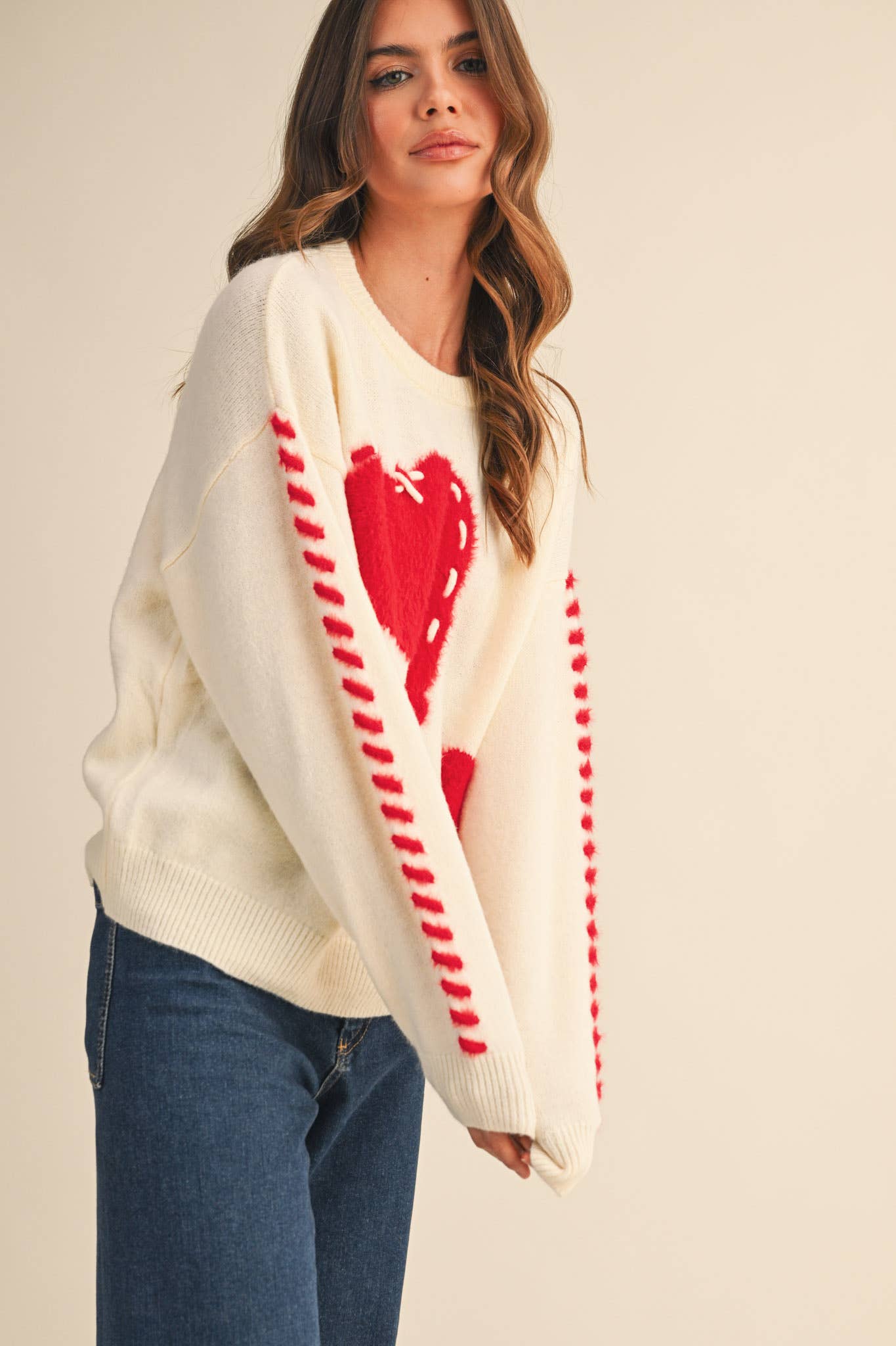 FUZZY HEART KNIT SWEATER WITH WHIP STITCH MSW10990: Red / S