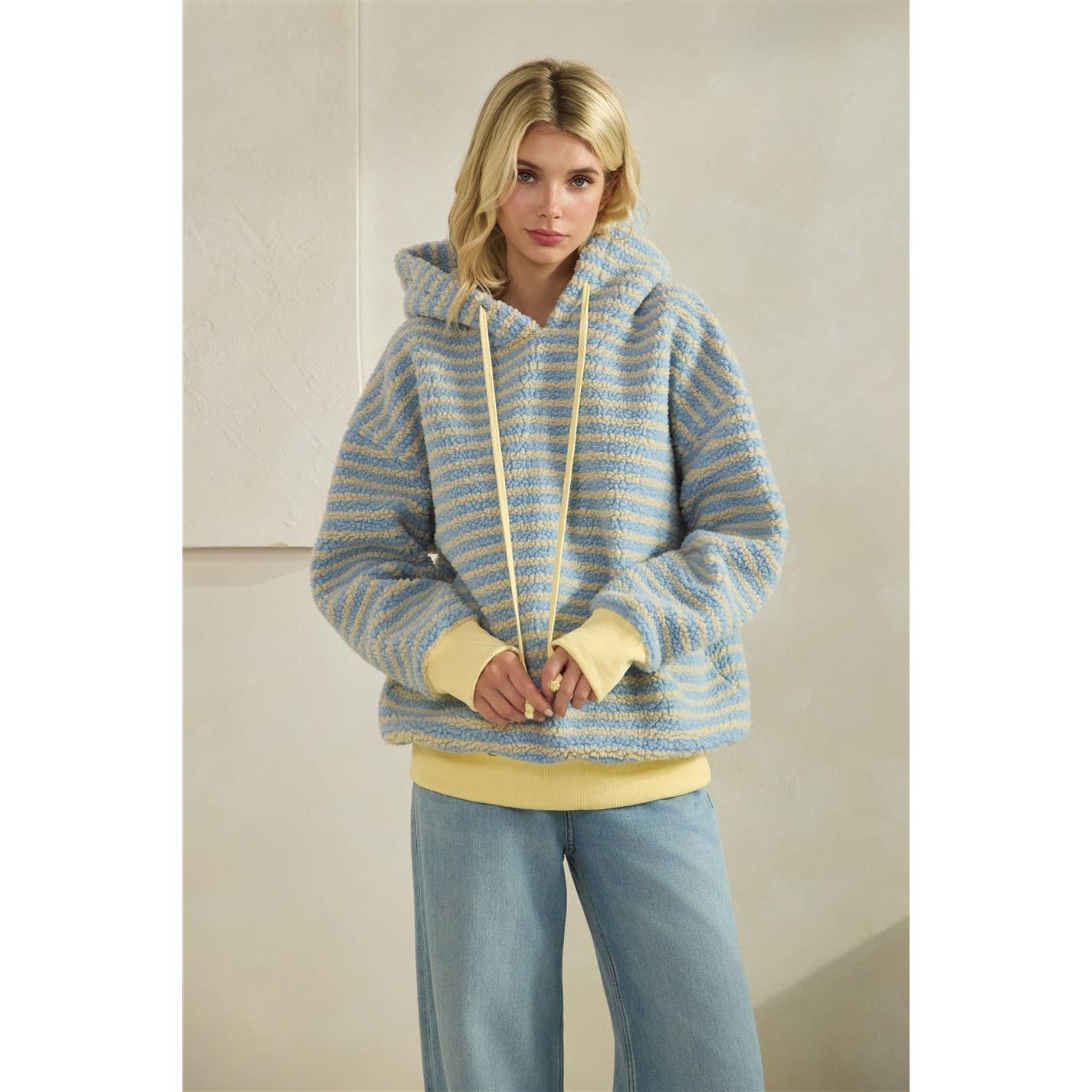 Teddy Striped Contrast Cozy Hoodie: Brown / S