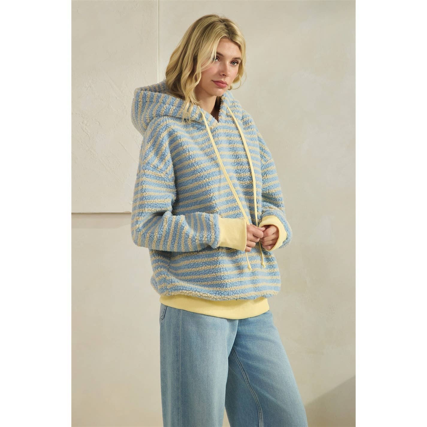 Teddy Striped Contrast Cozy Hoodie: Brown / M