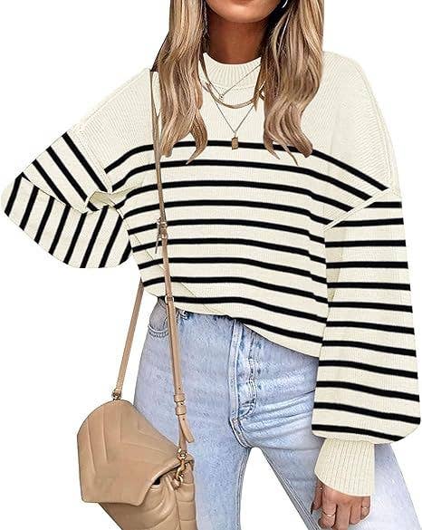 Retro Cozy Multi Striped Lantern Sleeves Knit Sweater: Camel / M