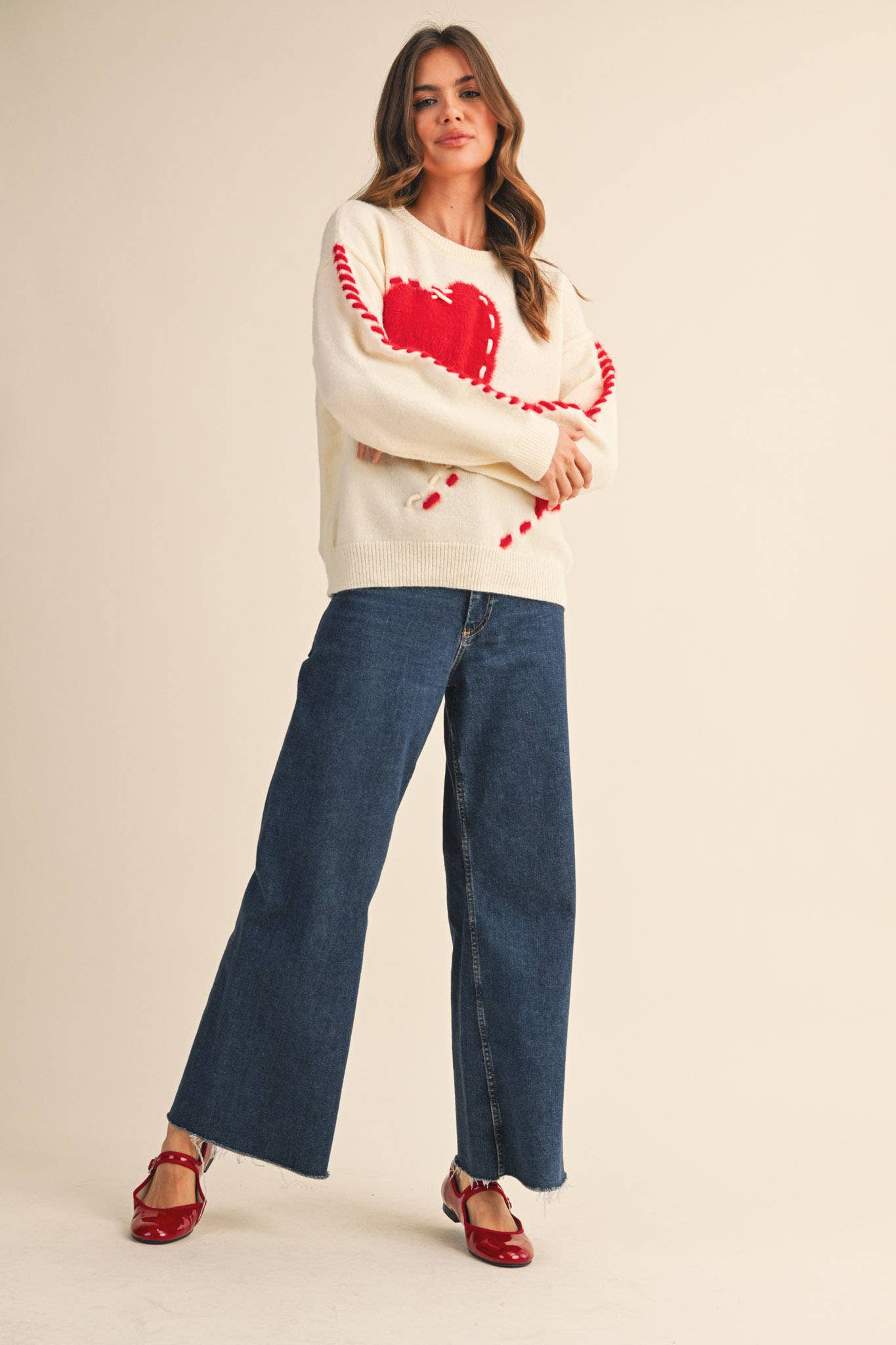 FUZZY HEART KNIT SWEATER WITH WHIP STITCH MSW10990: Red / L