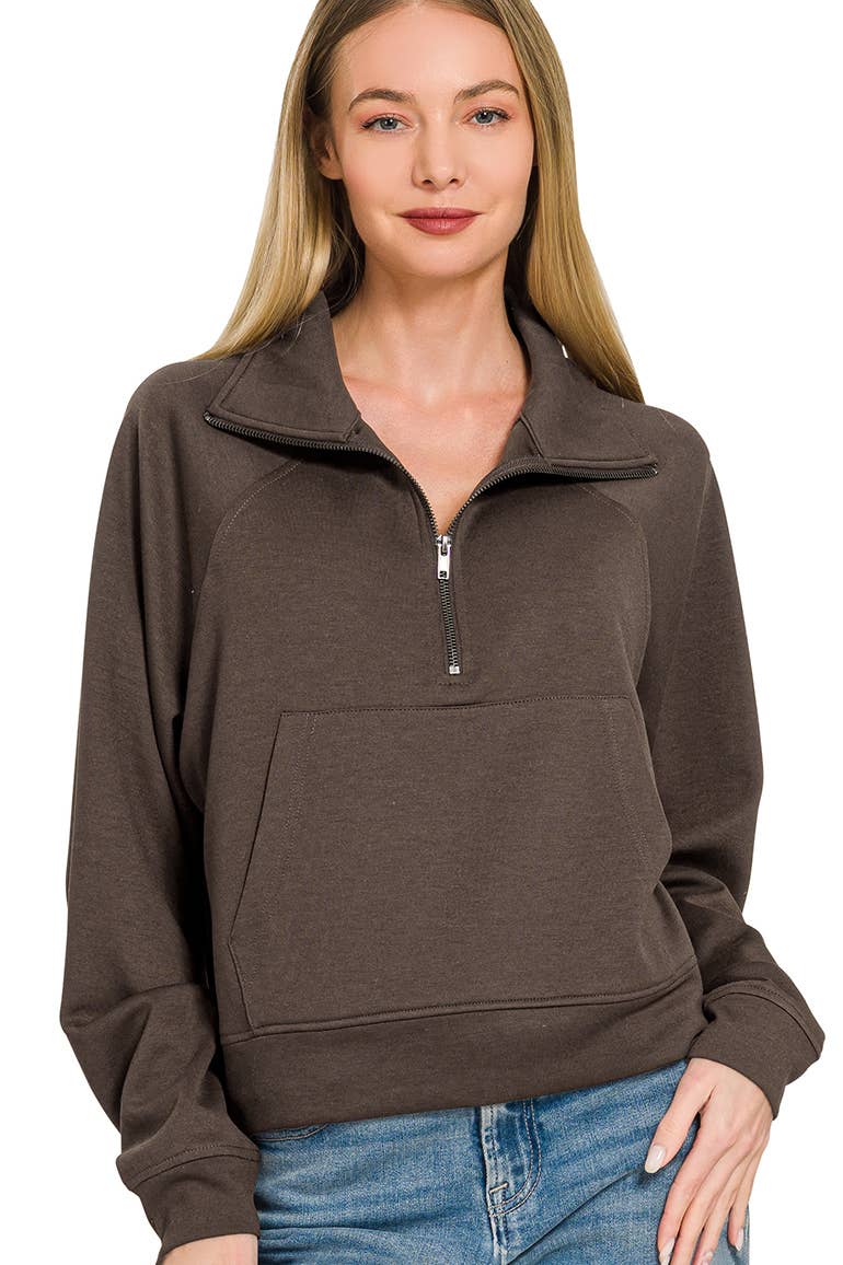 Scuba Half Zip Pullover With Kangaroo Pocket Zenana: H GREY-190578 / L