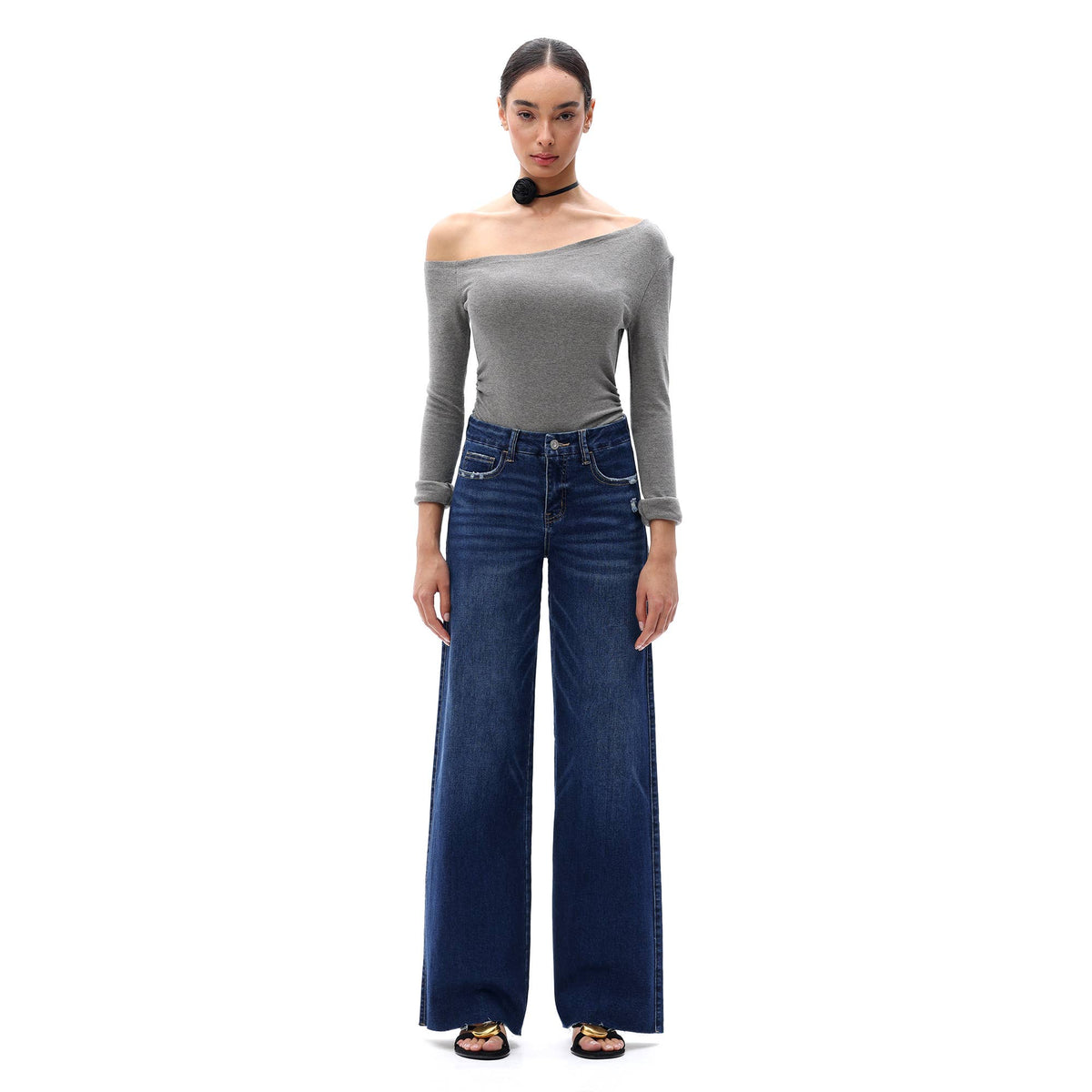 Mid Rise Wide Leg Jeans Raw Hem Vintage Distressed OSW8019: VINTAGE BLUE / 28