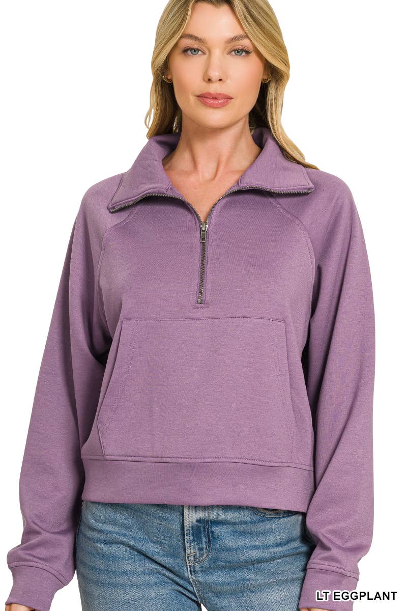 Scuba Half Zip Pullover With Kangaroo Pocket Zenana: CHOCOLATE-202375 / L