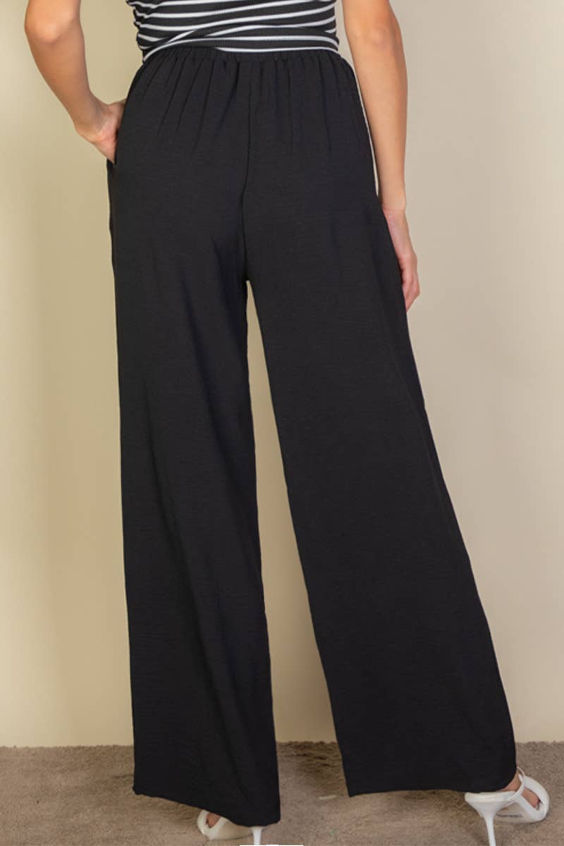Drawstring waist wide leg minimalist pants: Black / L