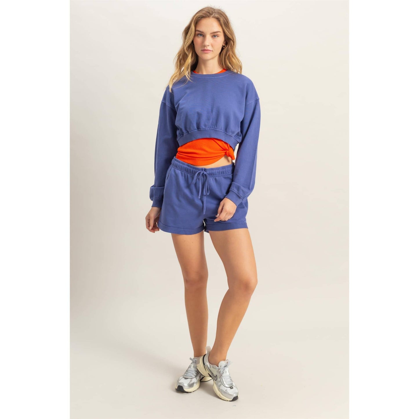 Crew Neck Long Sleeve Crop Sweatshirt: TURQUOISE / S-M-L(2-2-2)