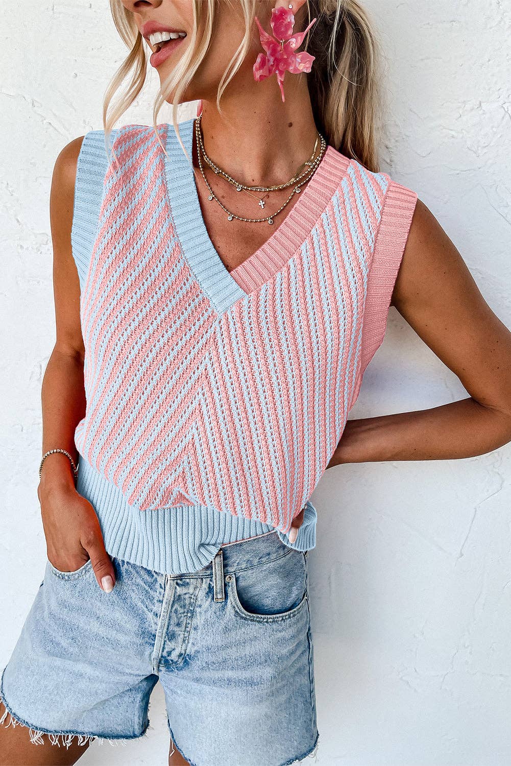 Strawberry Pink Contrast Chevron Knit V Neck Sweater Vest: Strawberry Pink / 100%Viscose / M