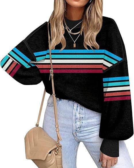 Retro Cozy Multi Striped Lantern Sleeves Knit Sweater: Camel / S