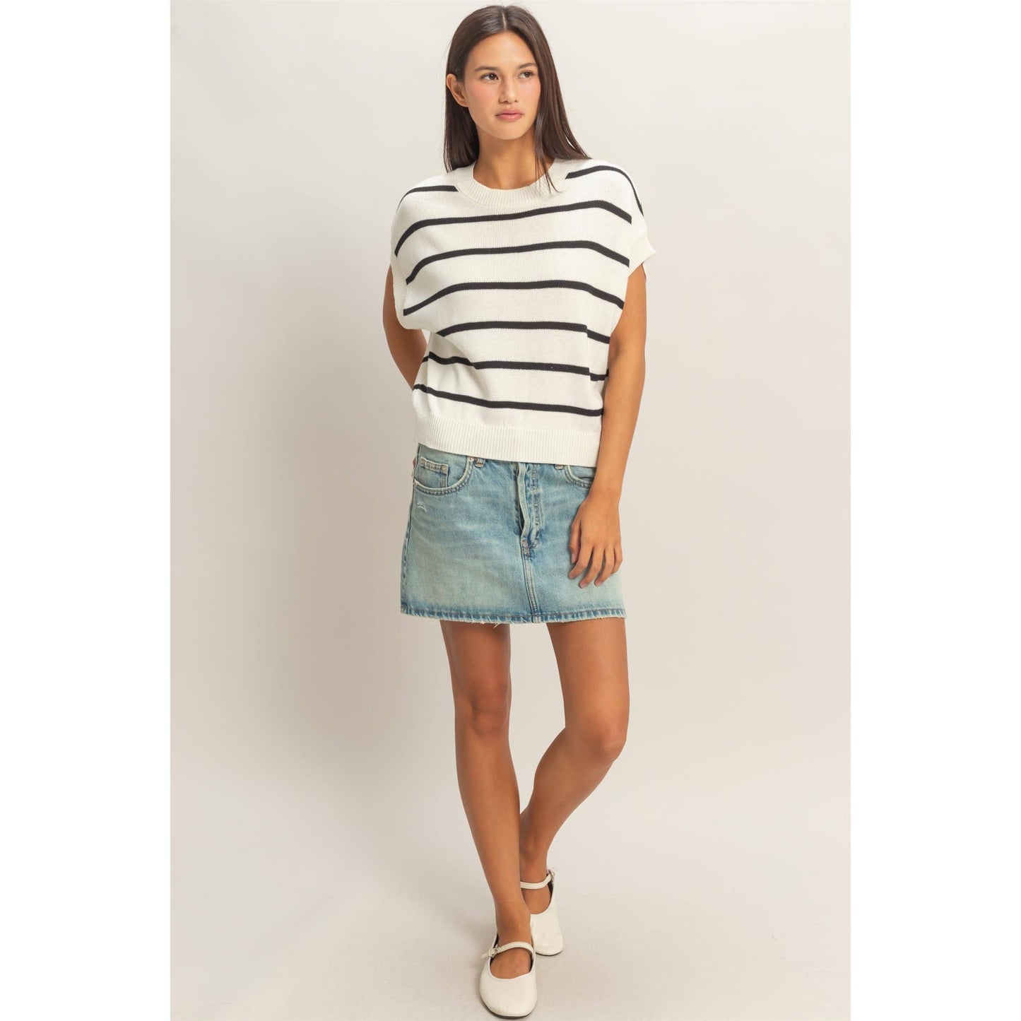 Striped Crew Neck Knit Top: BLACK / S-M-L(2-2-2)