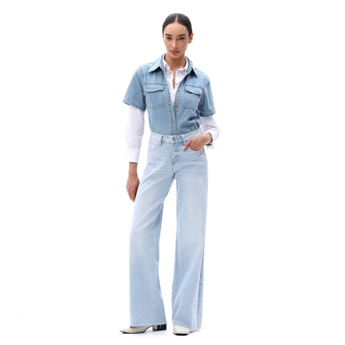 Mid Rise Wide Leg Jeans Raw Hem Vintage Distressed OSW8019: VINTAGE BLUE / 26
