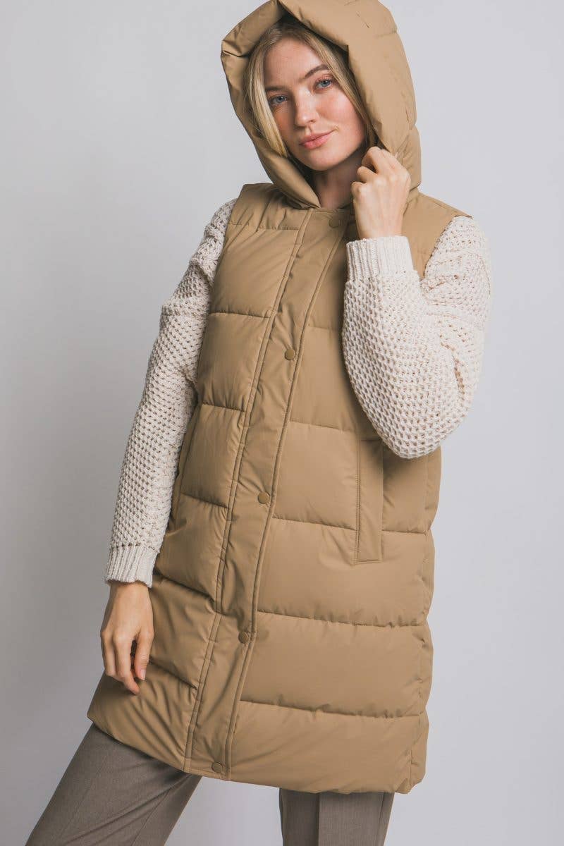 Hooded Long Quilted Puffer Vest: BLACK / 2-2-2(S-M-L)