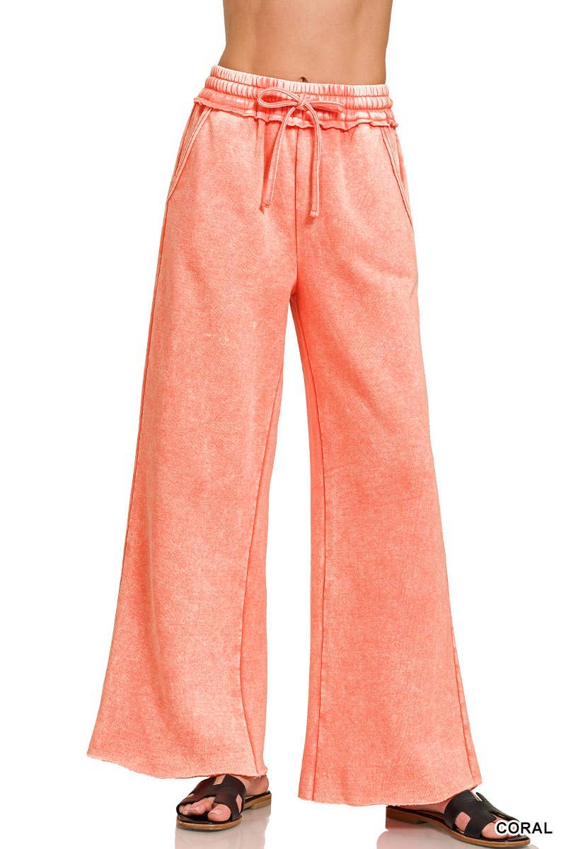 Acid Wash Fleece Palazzo Sweatpants With Pockets: BLACK / 2-2-2 (S-M-L)