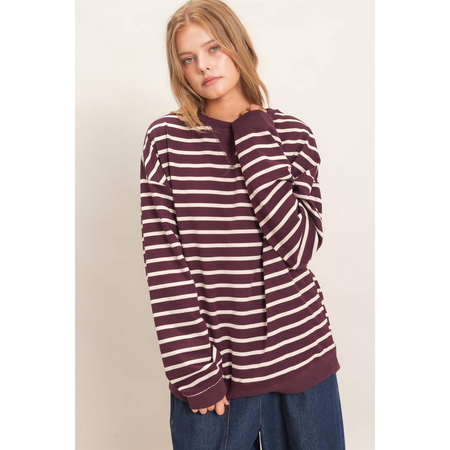 Striped Long Sleeve Pullover: BLACK/CREAM / S-M-L(2-2-2)