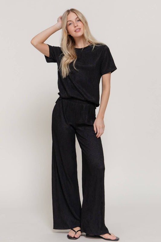 0504 Crinkle Knit Top & Pants 2pc Set SI-29441: Blk-Black-194657 / S