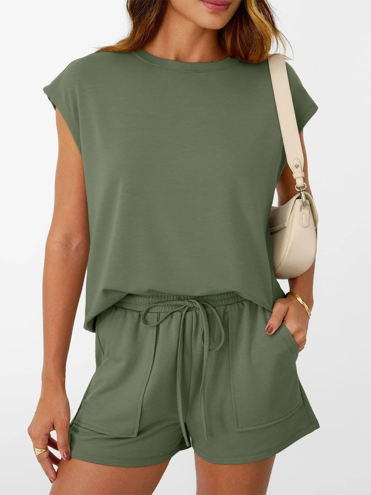 Casual Lounge Set Cap Sleeve Top Drawstring Shorts: Black / 65%Polyester+30%Viscose+5%Elastane / S