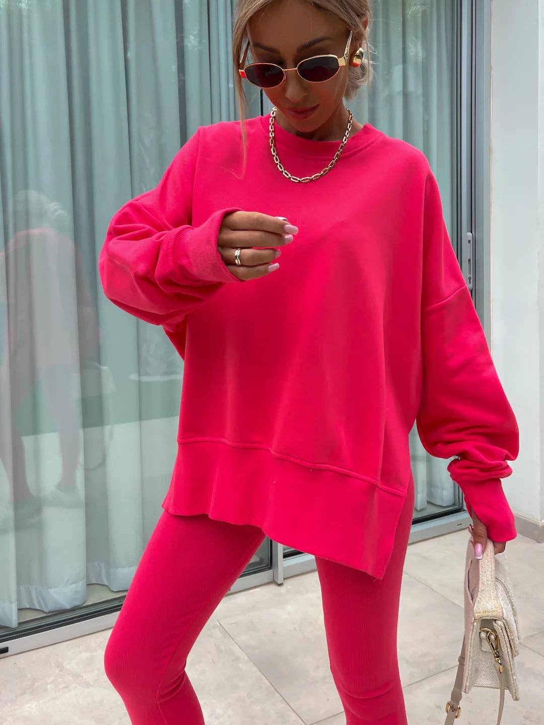 Oversized Sweatshirt and Leggings Two Piece Set: Blue / 100%Polyester / M