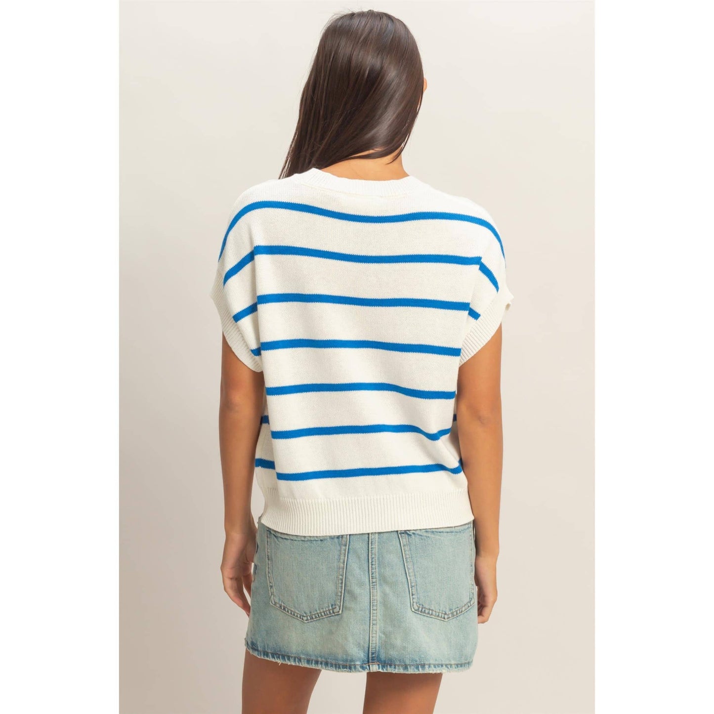 Striped Crew Neck Knit Top: BLUE / S-M-L(2-2-2)