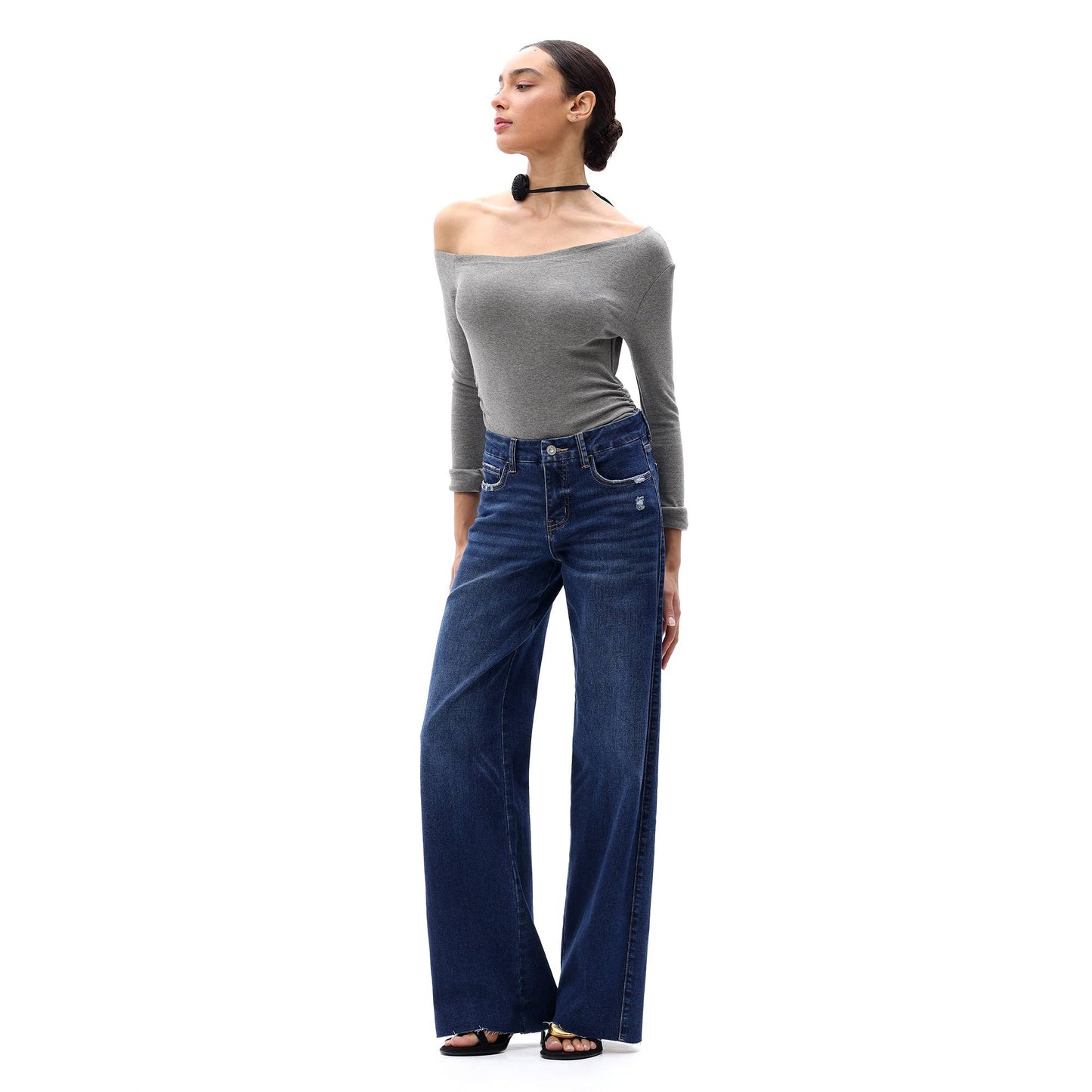 Mid Rise Wide Leg Jeans Raw Hem Vintage Distressed OSW8019: VINTAGE BLUE / 31