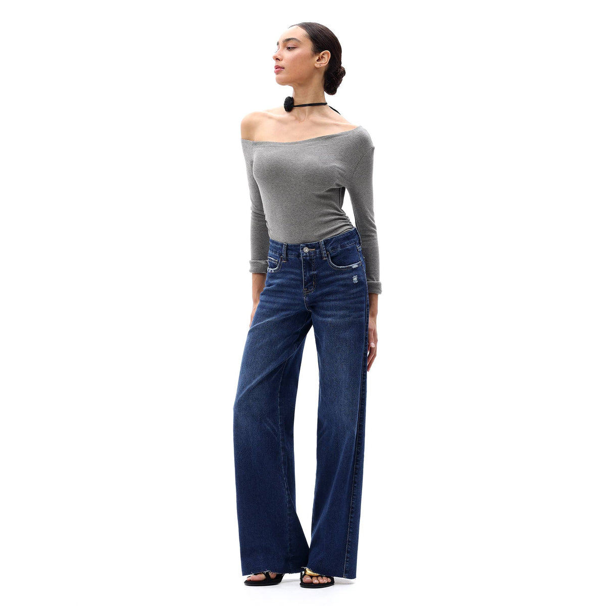 Mid Rise Wide Leg Jeans Raw Hem Vintage Distressed OSW8019: VINTAGE BLUE / 28