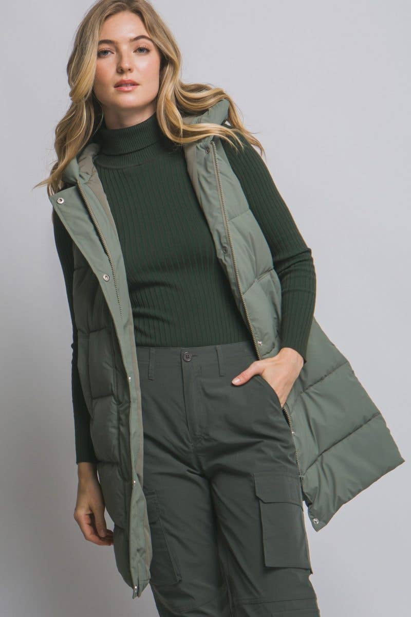 Hooded Long Quilted Puffer Vest: BLACK / 2-2-2(S-M-L)
