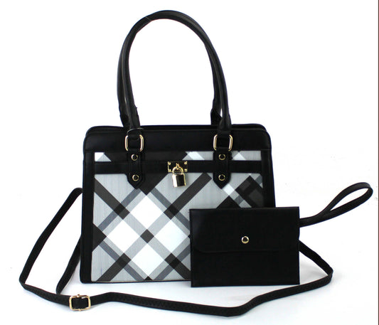 7867A - 2 in 1 PU Plaid Satchel with Wristlet: Black