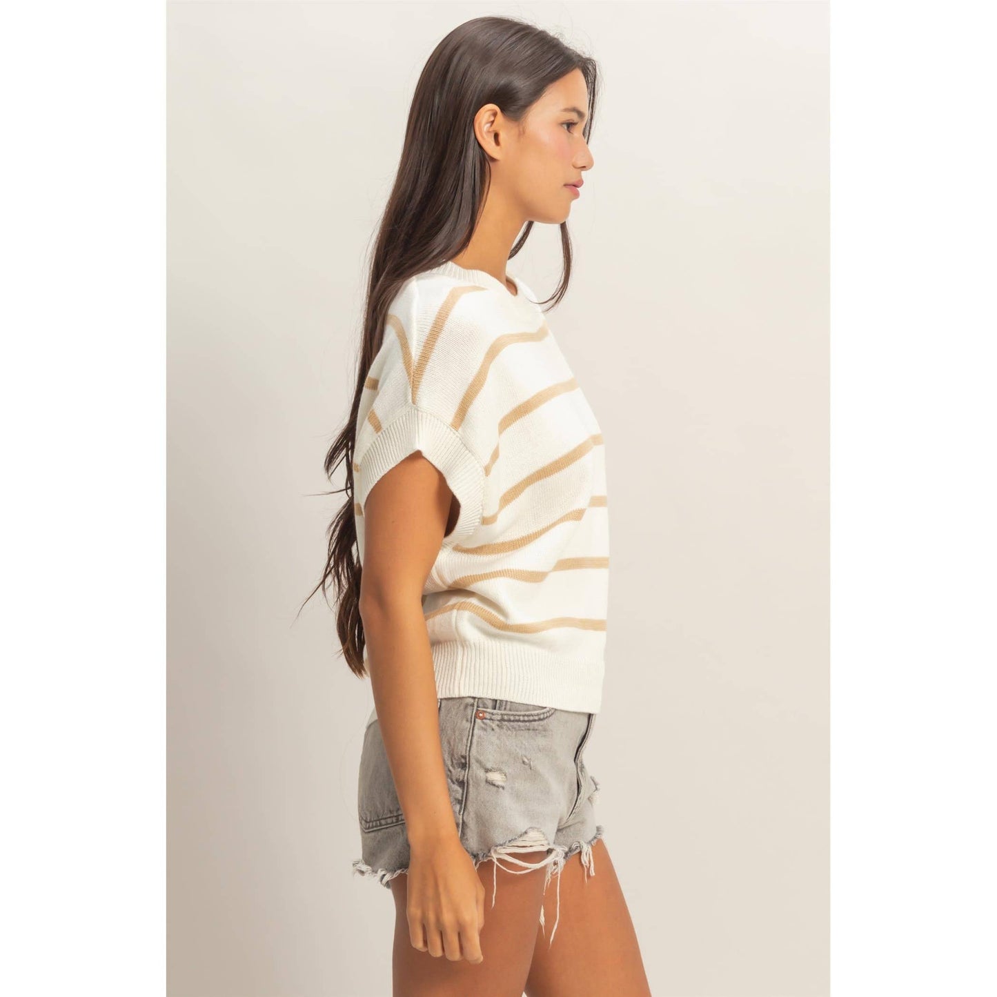 Striped Crew Neck Knit Top: BLUE / S-M-L(2-2-2)