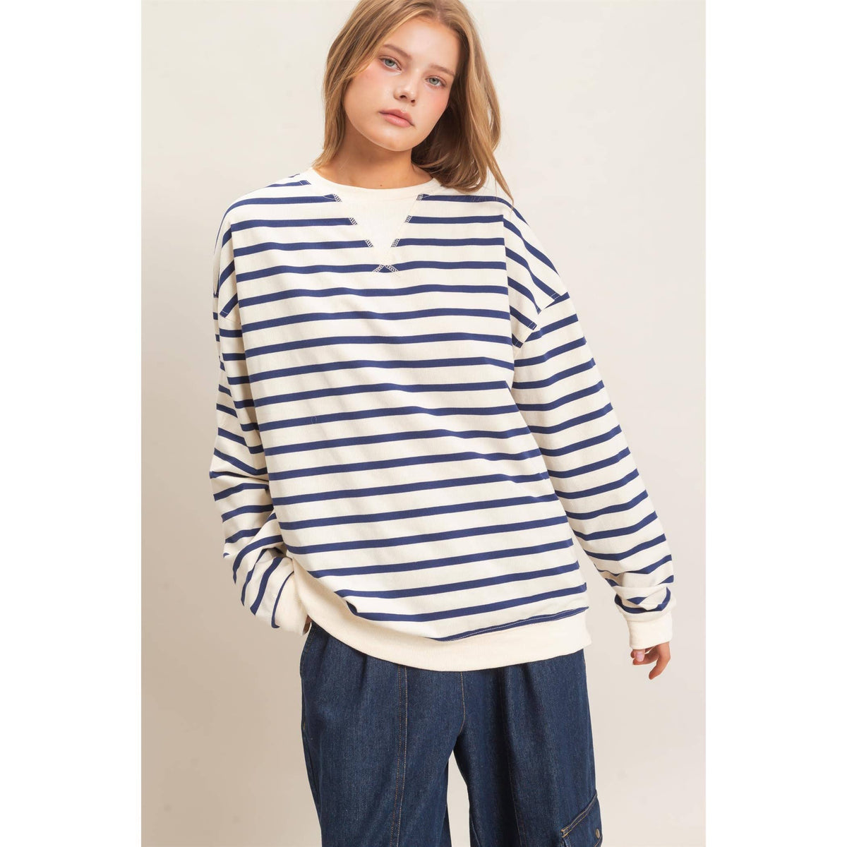 Striped Long Sleeve Pullover: BLACK/CREAM / S-M-L(2-2-2)