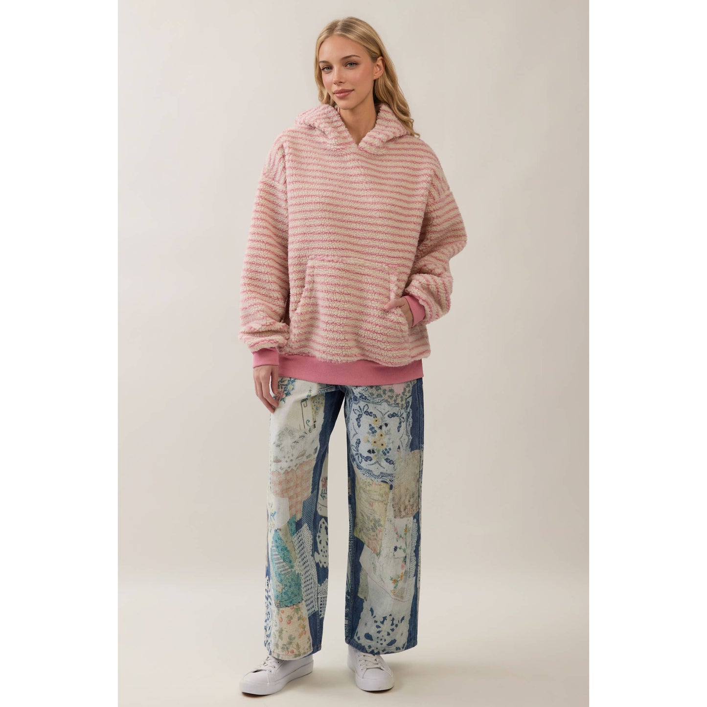 Teddy Striped Contrast Cozy Hoodie: Brown / L