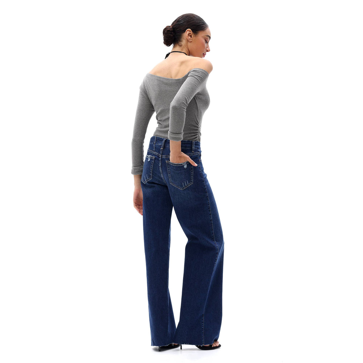 Mid Rise Wide Leg Jeans Raw Hem Vintage Distressed OSW8019: VINTAGE BLUE / 27
