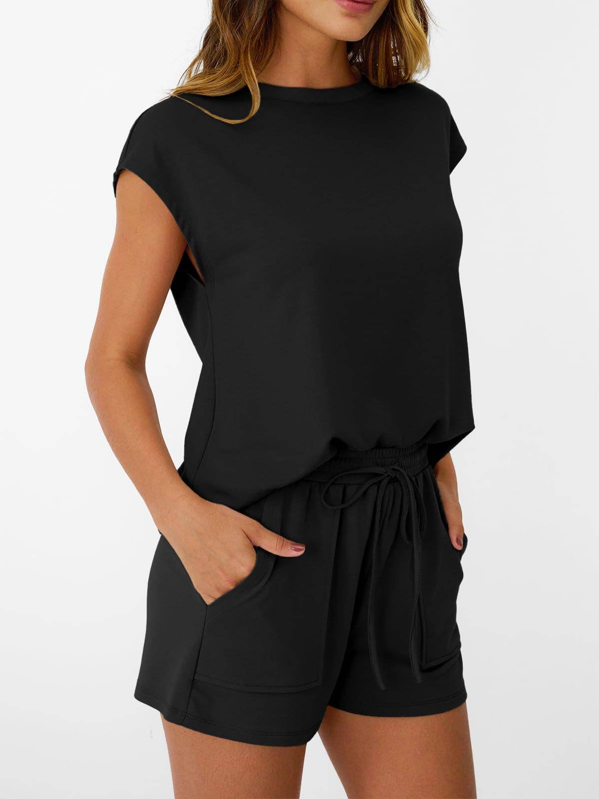 Casual Lounge Set Cap Sleeve Top Drawstring Shorts: Black / 65%Polyester+30%Viscose+5%Elastane / L