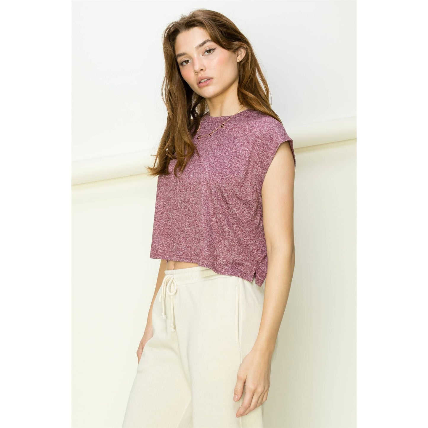 Crew Neck Cropped Top: KHAKI / S-M-L(2-2-2)