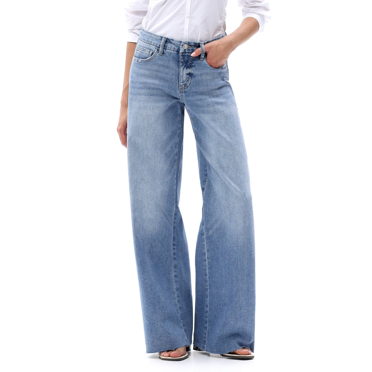 Mid Rise Wide Leg Jeans Raw Hem Vintage Distressed OSW8019: VINTAGE BLUE / 28