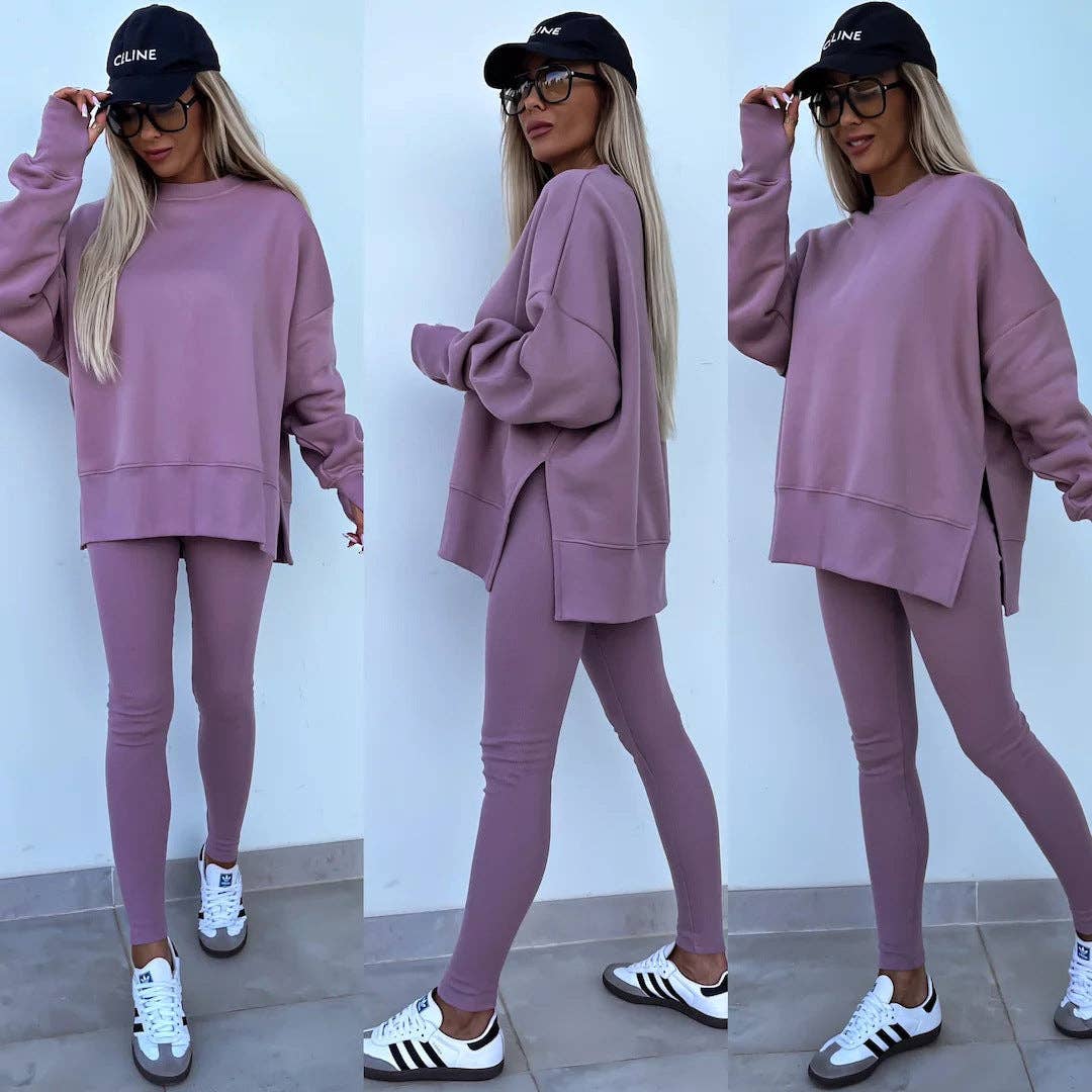 Oversized Sweatshirt and Leggings Two Piece Set: Blue / 100%Polyester / M